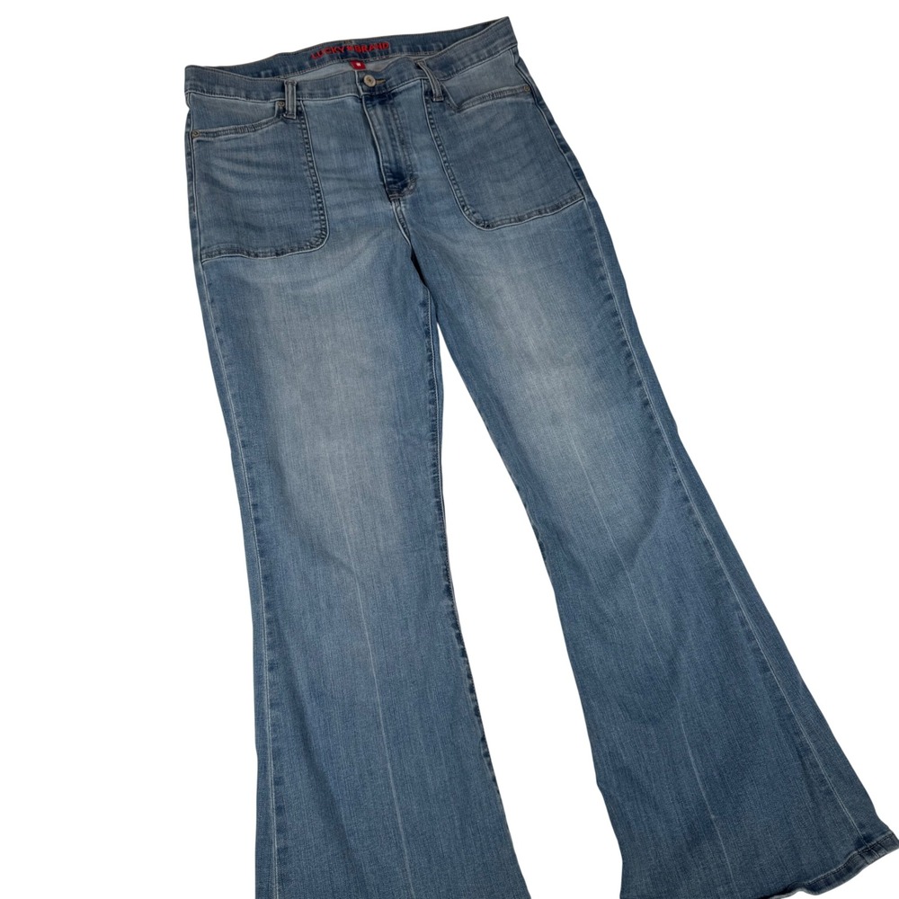Lucky Brand Stevie Flare Jeans Womens 14 32 Blue High Rise Patch Pocket 70s Boho